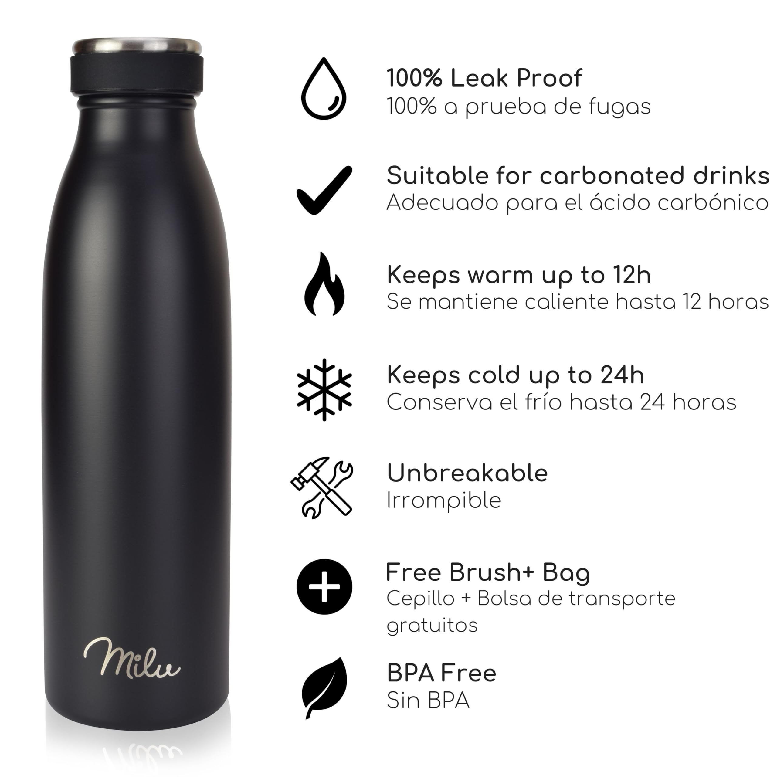 Milu Botella de acero inoxidable de 350ml 500ml 750 ml 1 L 1,5 L botella de agua aislada, termo a prueba de fugas, doble pared, apta para ácido carbónico + cepillo de limpieza (Azul Violeta, 350ml) — view 165