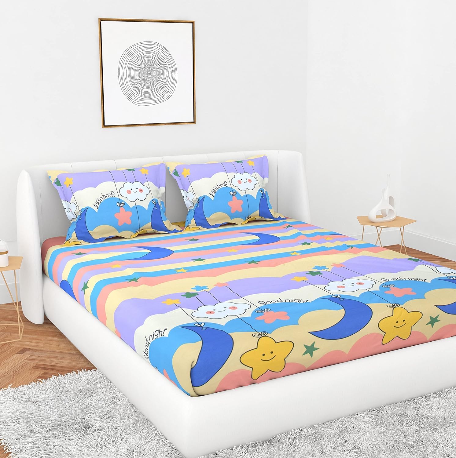 Filymore Good Night Kids Double Bedsheet with 2 Pillow Covers Cute Cartoon Printed Bed Cover Made with Pure Microfiber,Light Color Bedsheet (Size 90x90 Inch)(Colour-Beige)