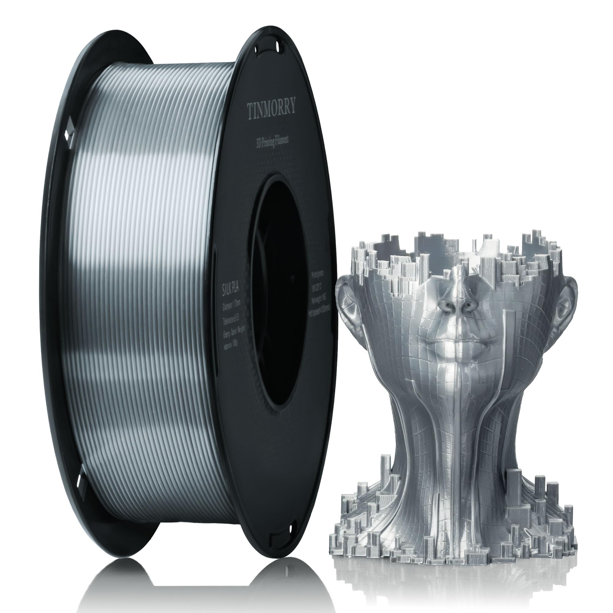 TINMORRY Silk PLA Filament 1.75 mm, 1 KG, Silk Silver | Silk Finish, Easy Printing, Smooth Feeding, Neatly Wound, Beginner-Friendly, Compatible with Most FDM 3D Printers