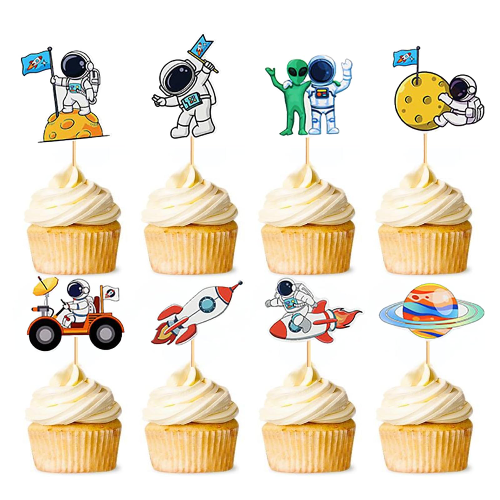 40Pcs Space Astronaut Cupcake Toppers Planet Rocket Spaceship Cake Toppers Decorations for Space Theme Birthday Party Baby Shower Supplies
