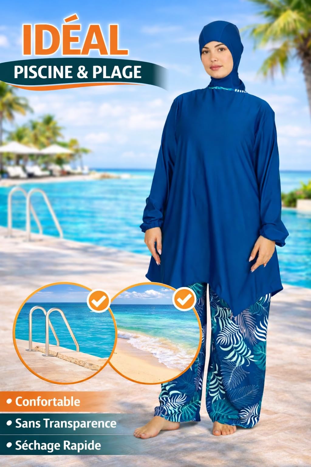 Burkini Femme Grande Taille – Maillot de Bain Modeste 4 Pièces avec Hijab – Tenue de Bain Islamique Haut Long Pantalon Large