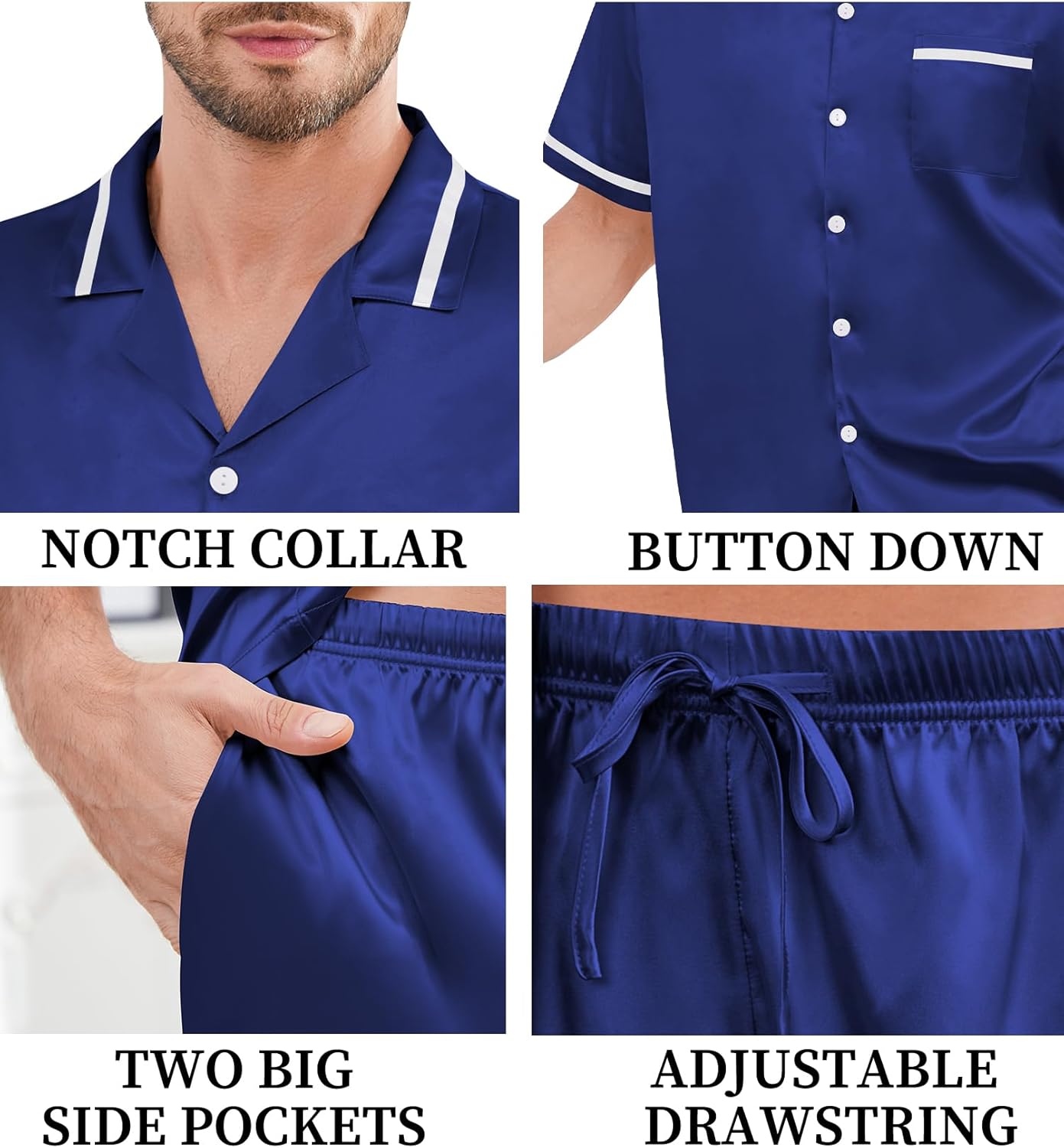 SWOMOG Men Satin Silk Pajamas Sets with Pockets Button-Down PJs Sets Short Sleeve Classic Sleepwear 2 Piece Loungewear - Image 7