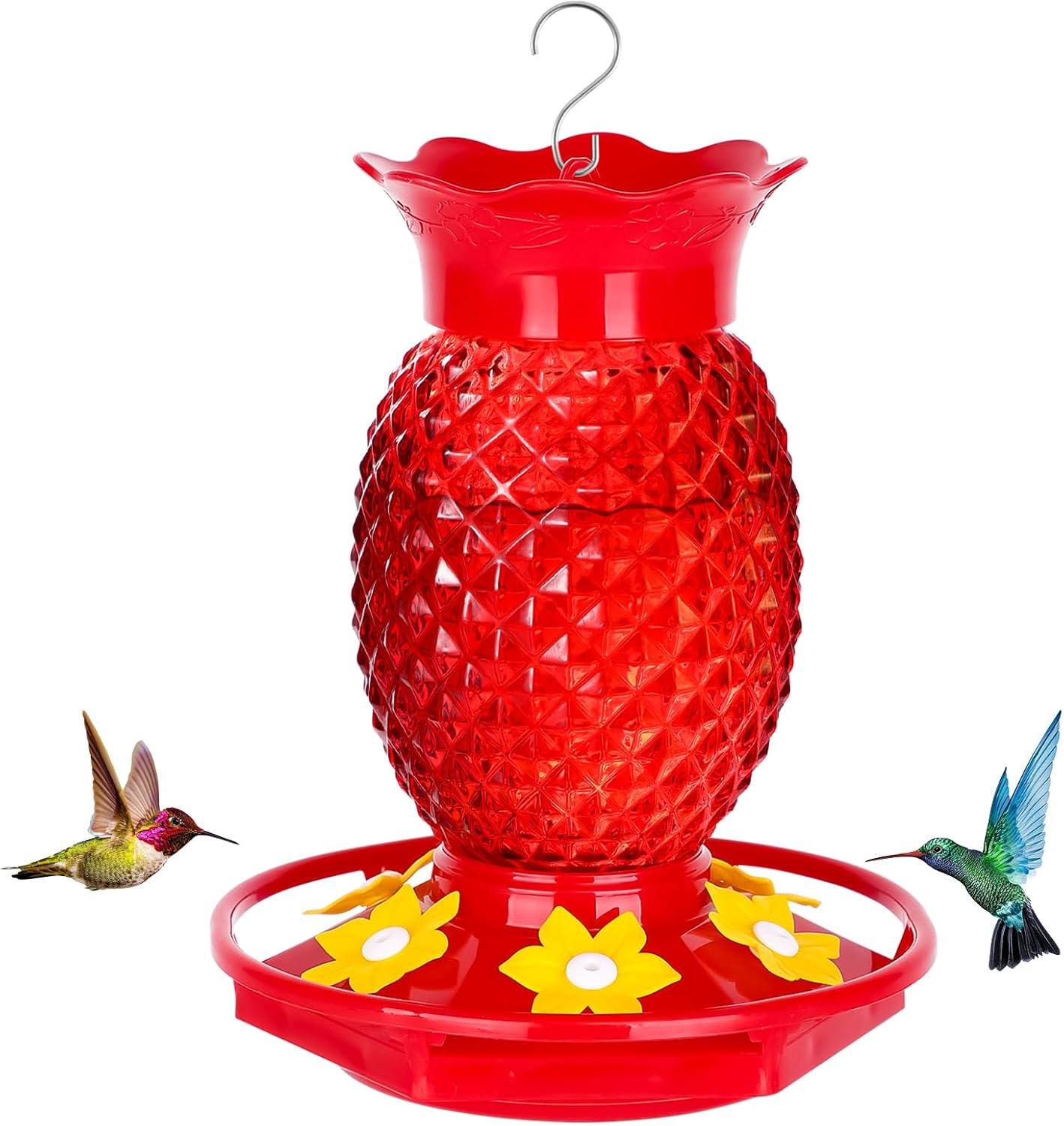 Glass Hummingbird Feeders for Outdoors Hanging Ant and Bee Proof 16OZ 1 Pack Red Pineapple Humming Bird Feeder with 6 Feeding Ports and Ant Moat Hummingbird Gifts for Women Garden Decor
