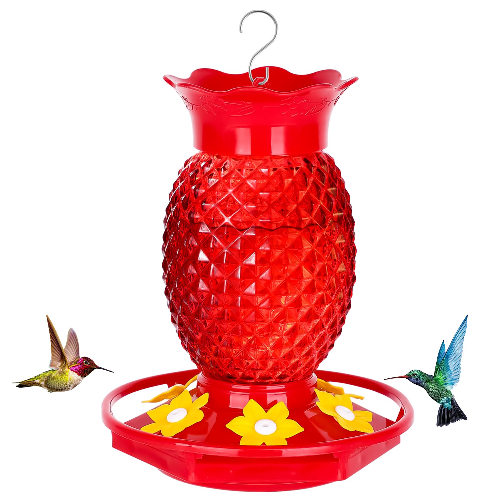 Fchstaer Glass Hummingbird Feeders for Outdoors Hanging Ant and Bee Proof 16OZ 1 Pack Red Pineapple Humming Bird Feeder with 6 Feeding Ports and Ant