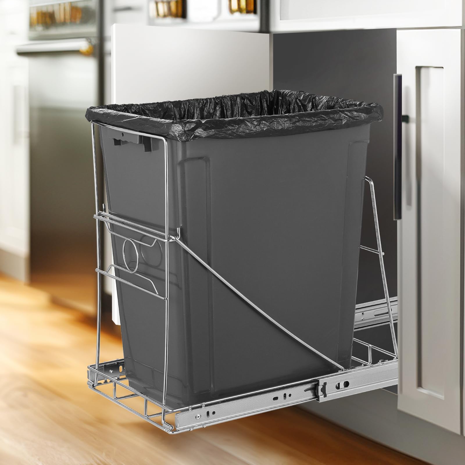 Stainless Steel Kitchen Adjustable Trash Can Holder, Heavy Duty Cabinet Pull Out Kit, Fit 7-11 Gallon Trash Can, Silver(Trash Can Not Included)
