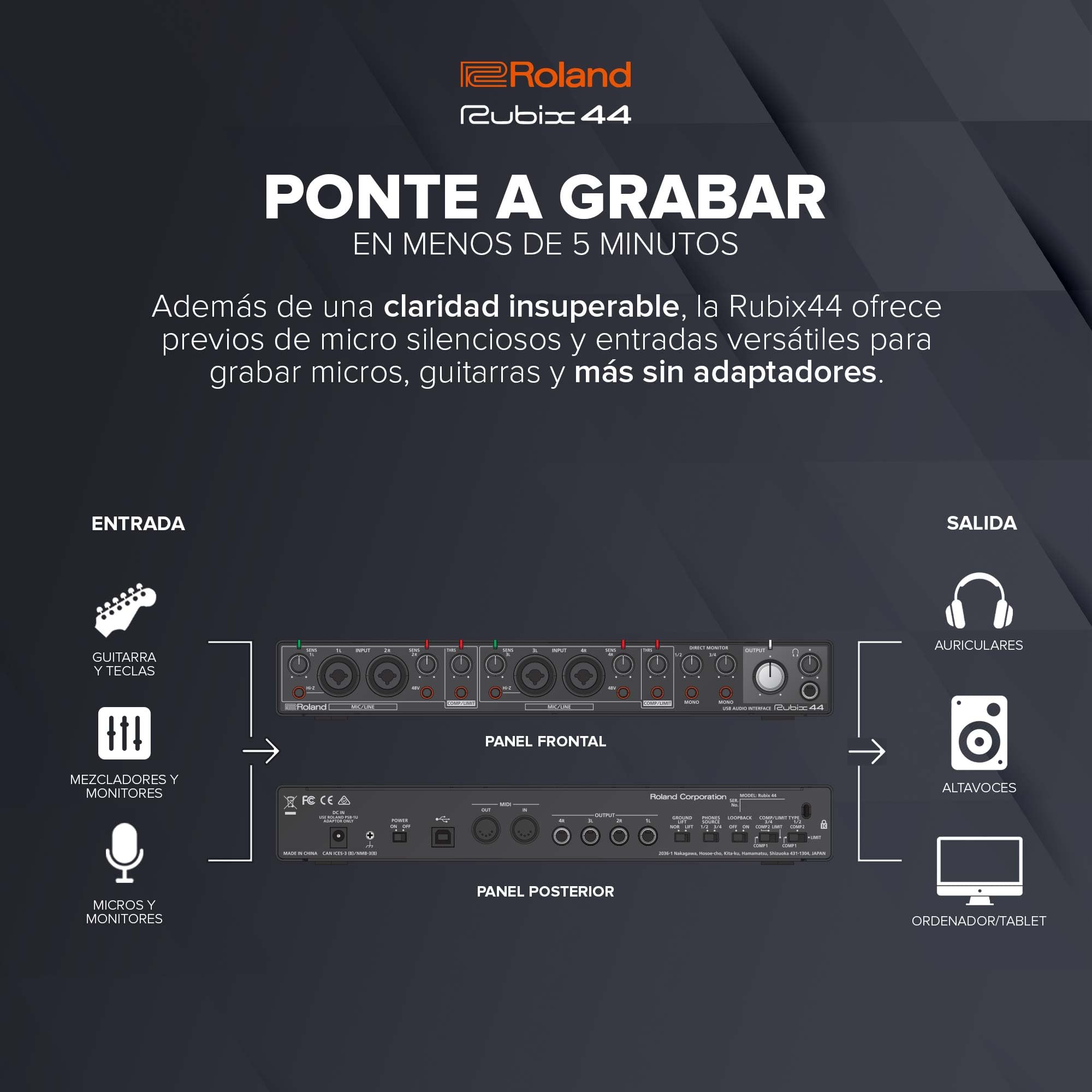 Roland Rubix44 Interfaz de audio USB de 4 entradas y 4 salidas | Audio en alta resolución | Graba con micros, guitarras, teclas y más | Compacta y resistente | Compatible con Mac, PC y iPad