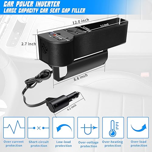 Miniatura 2 de Organizador de llenado de espacio para asiento de automóvil con inversor de corriente de protección múltiple de 12 V CC a 110 V CA, 4 USB de carga