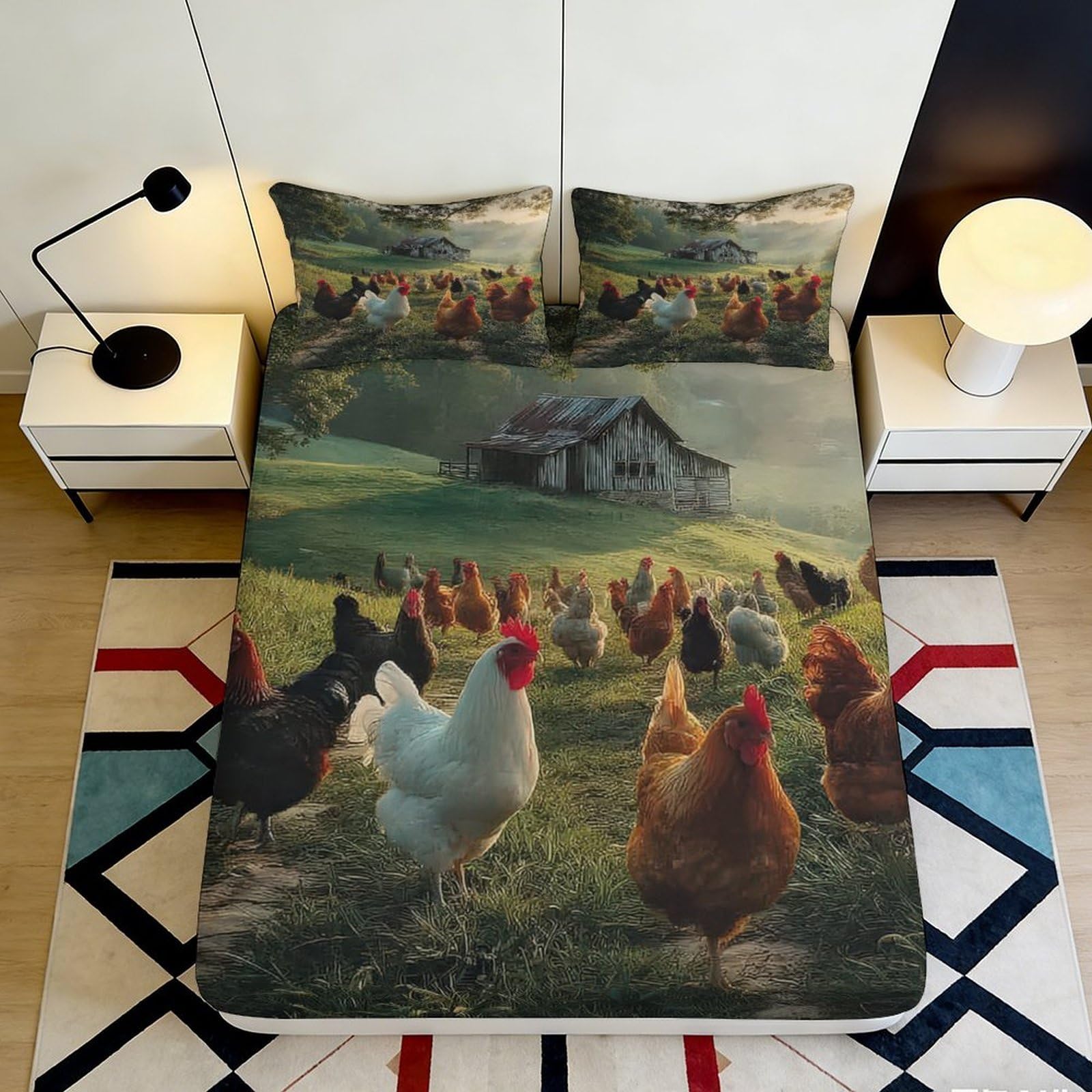3D Printed Chicken Farm Fitted Sheet Microfiber Soft Bed Cover Countryside Hen House Bedroom Decor 90x200x25cm