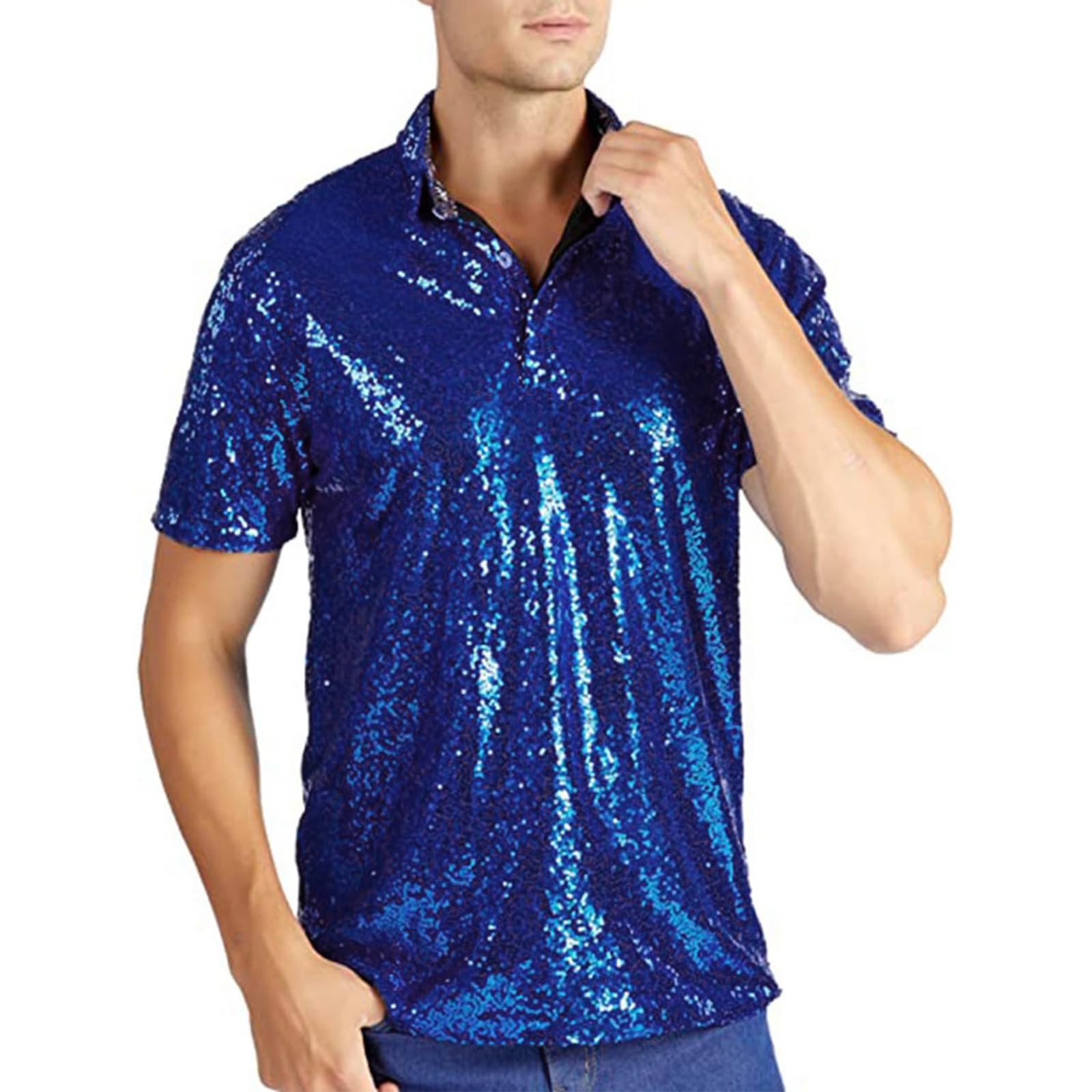 Caziffer Men's Disco Sparkle Sequins Shirt Retro Glitter Party Club Night Out Shiny Stylish Vintage Statement Costume Casual 1/4 Button Short Sleeve Tops for Vacation Streetwear (Navy Blue, 2XL)