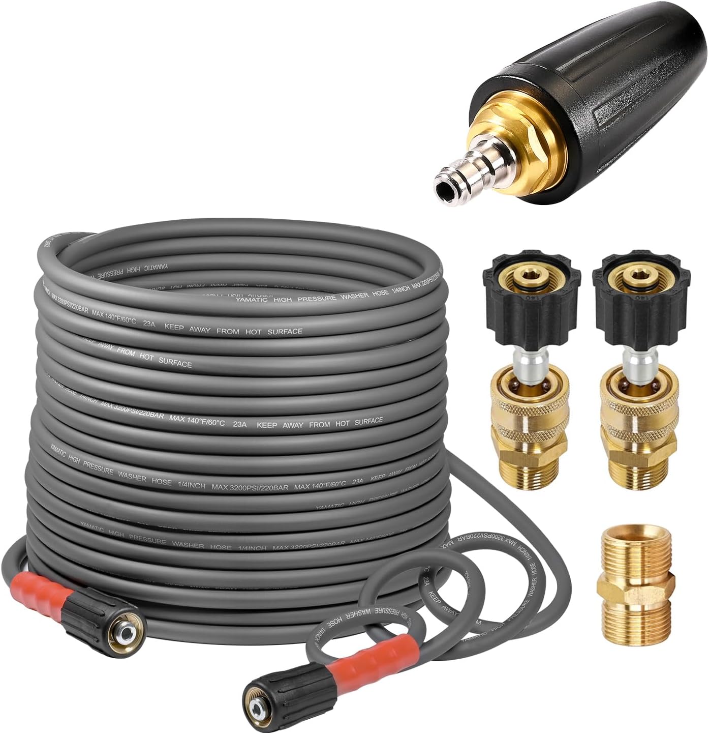 YAMATIC Super Flexible Pressure Washer Hose 50FT X 1/4",Kink Resistant 3200 PSI with Pressure Washer Turbo Nozzle, 3600 PSI 4.0GPM