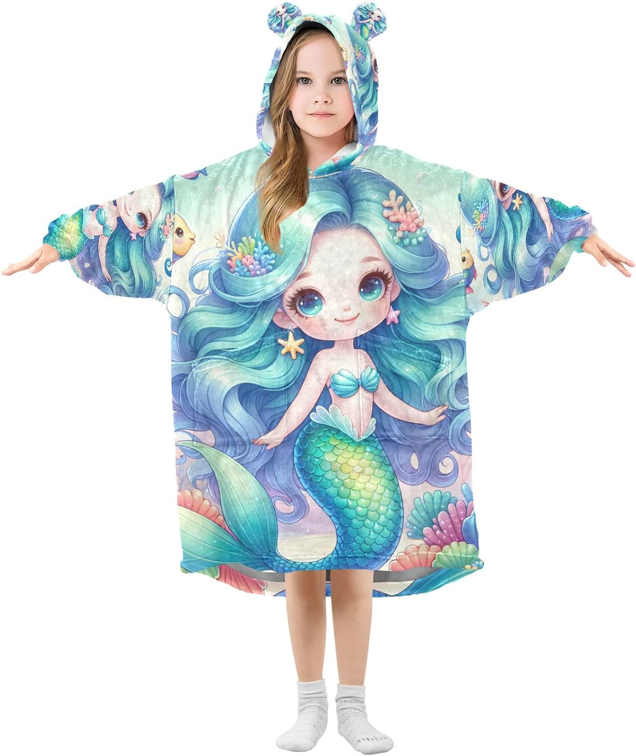 The Blue Mermaid Wearable Blanket Hoodie for Kids, Warm Cozy Sherpa Blanket Sweatshirt With Pocket