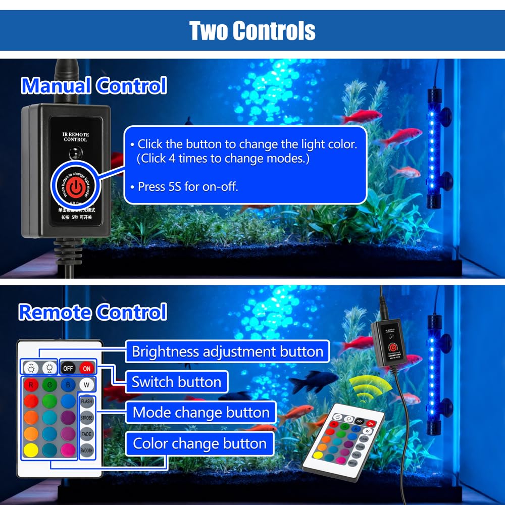 Luz LED para acuario con IP68 impermeable y función de memoria, luz sumergible para pecera con control remoto y 16 colores, 23 pulgadas de brillo, barra de luz subacuática ajustable para