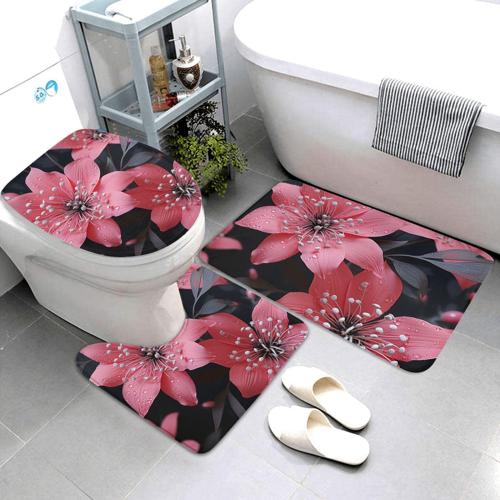 Tapis de salle de bain super absorbants lot de 3 noir à fleurs pour WC