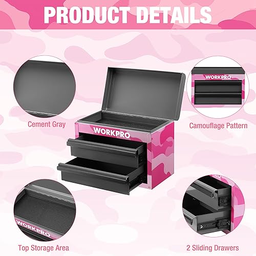 Miniatura 6 de WORKPRO Mini caja de herramientas de metal, caja de herramientas superior que contiene dos cajones con deslizadores de rodamientos de bolas, forros