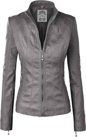 MBJ Womens Faux Leather Zip Up Moto Biker Jacket With Stitching DetaiL