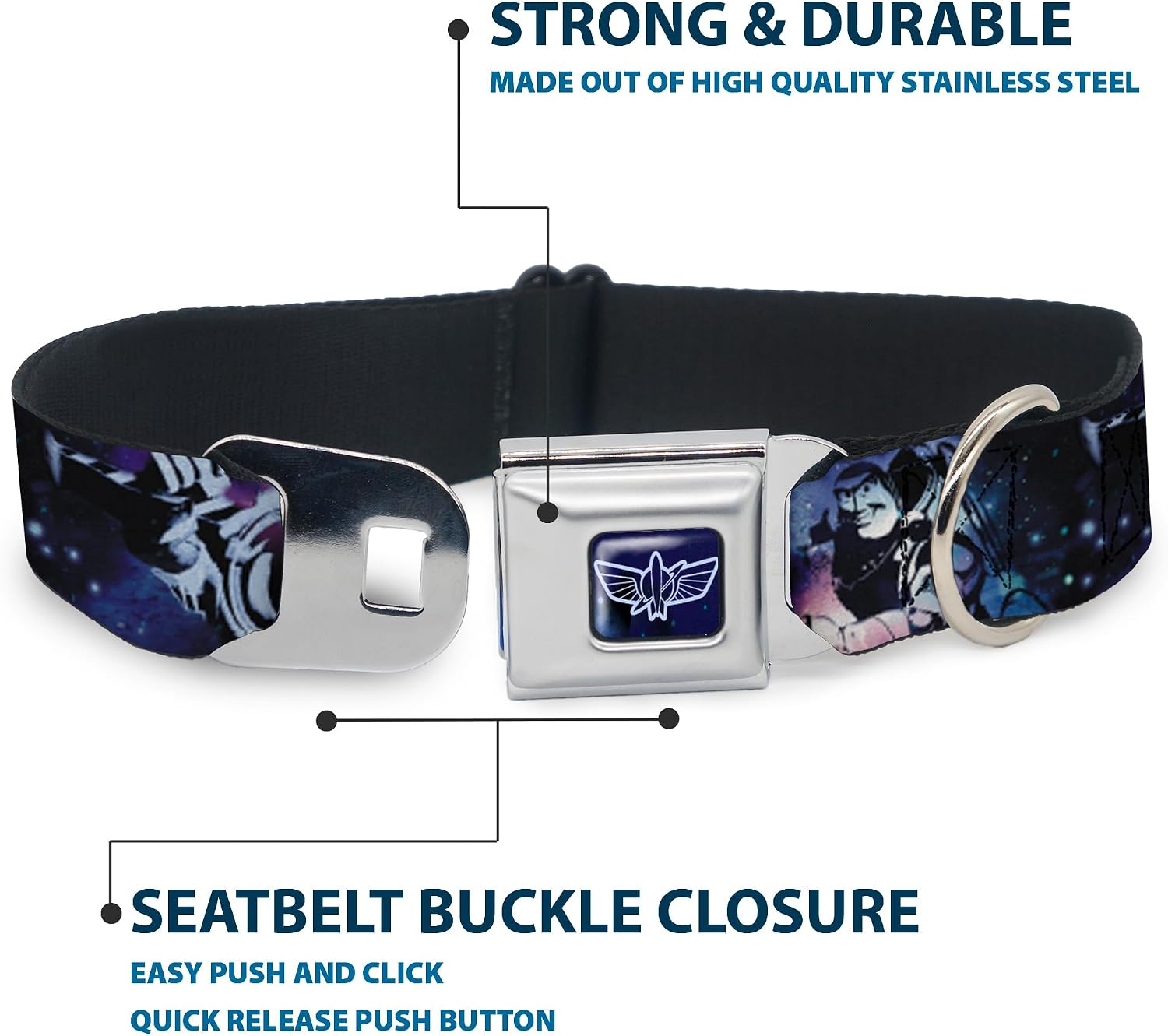 Dog Collar Seatbelt Buckle Buzz Lightyear Poses Galaxy Blues 18 to 32 Inches 1.5 Inch Wide