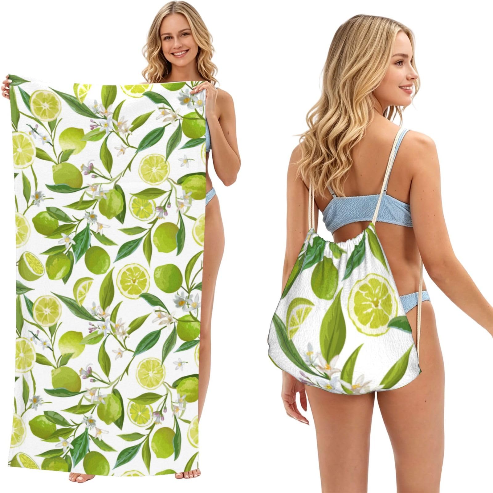 Poadnly As Picture Floral Citrus Limes, 2 In 1 Packable Towel Bag, Beach Towels With Drawstring Backpack For Travel Holiday Camping