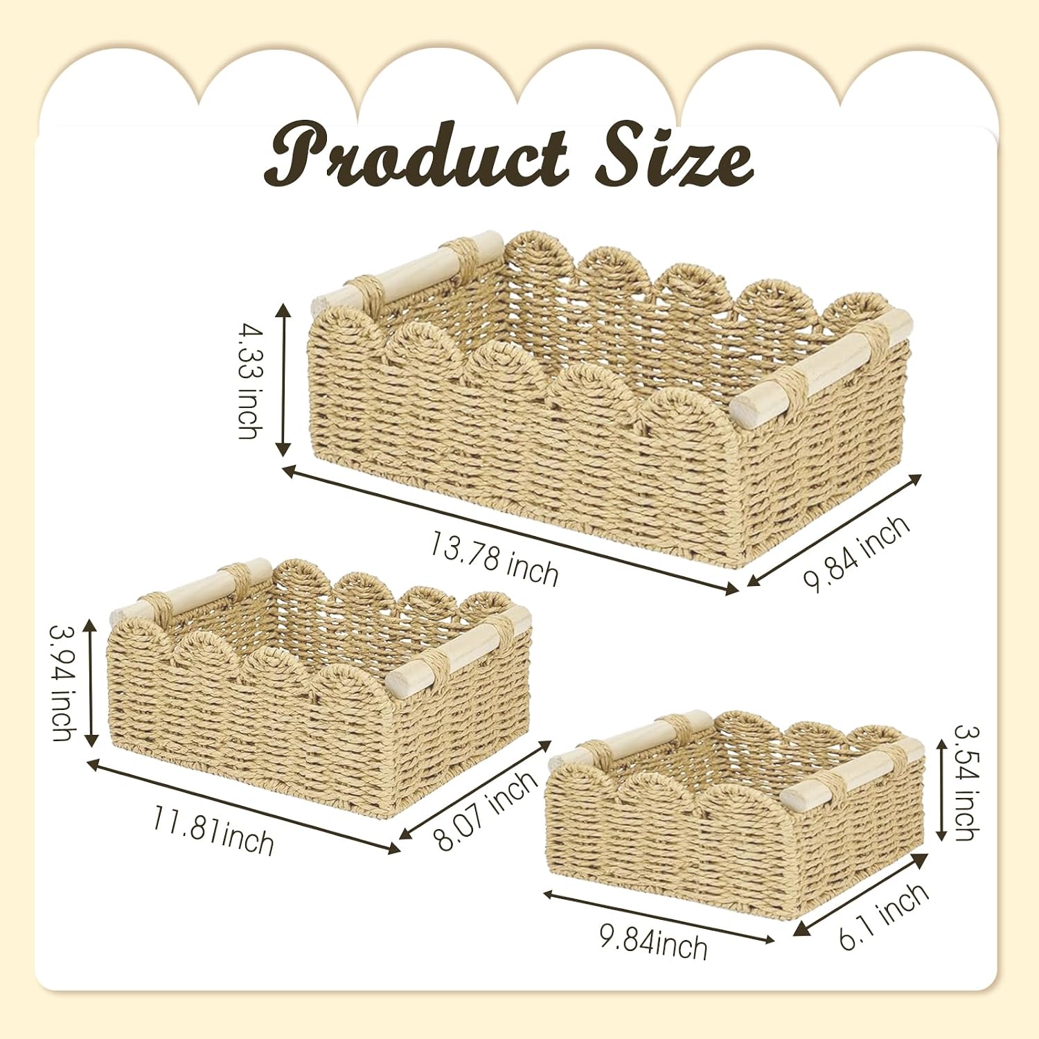 3 Pcs Toilet Paper Storage Basket for Bathroom, 3 Size Woven Paper Rope Scalloped Edge Toilet Tank Basket with Handles Small Wicker Baskets for Organizing Over Toilet Storage Shelf Countertop