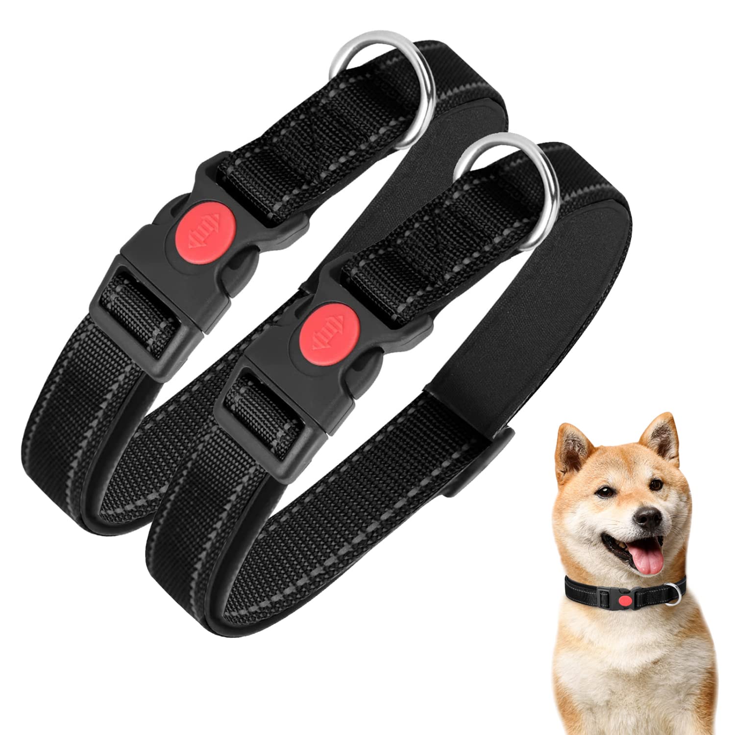 Nobleza - 2× Collar Perro, Collar Nylon Reflectante Suave Acolchado para Perros, Ajustable Collar Perro Mediano con Cerradura de Seguridad, Collares de Entrenamiento para Perros (M, Negro)