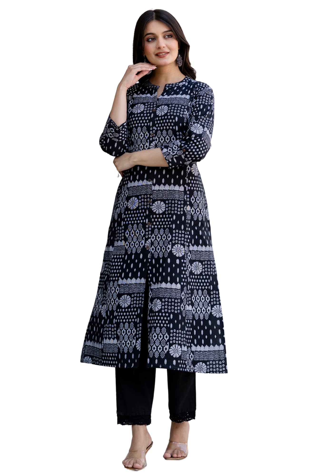 pistaa's Women Printed Mandarin A-Line Cotton Kurta With Palazzos-picture-6