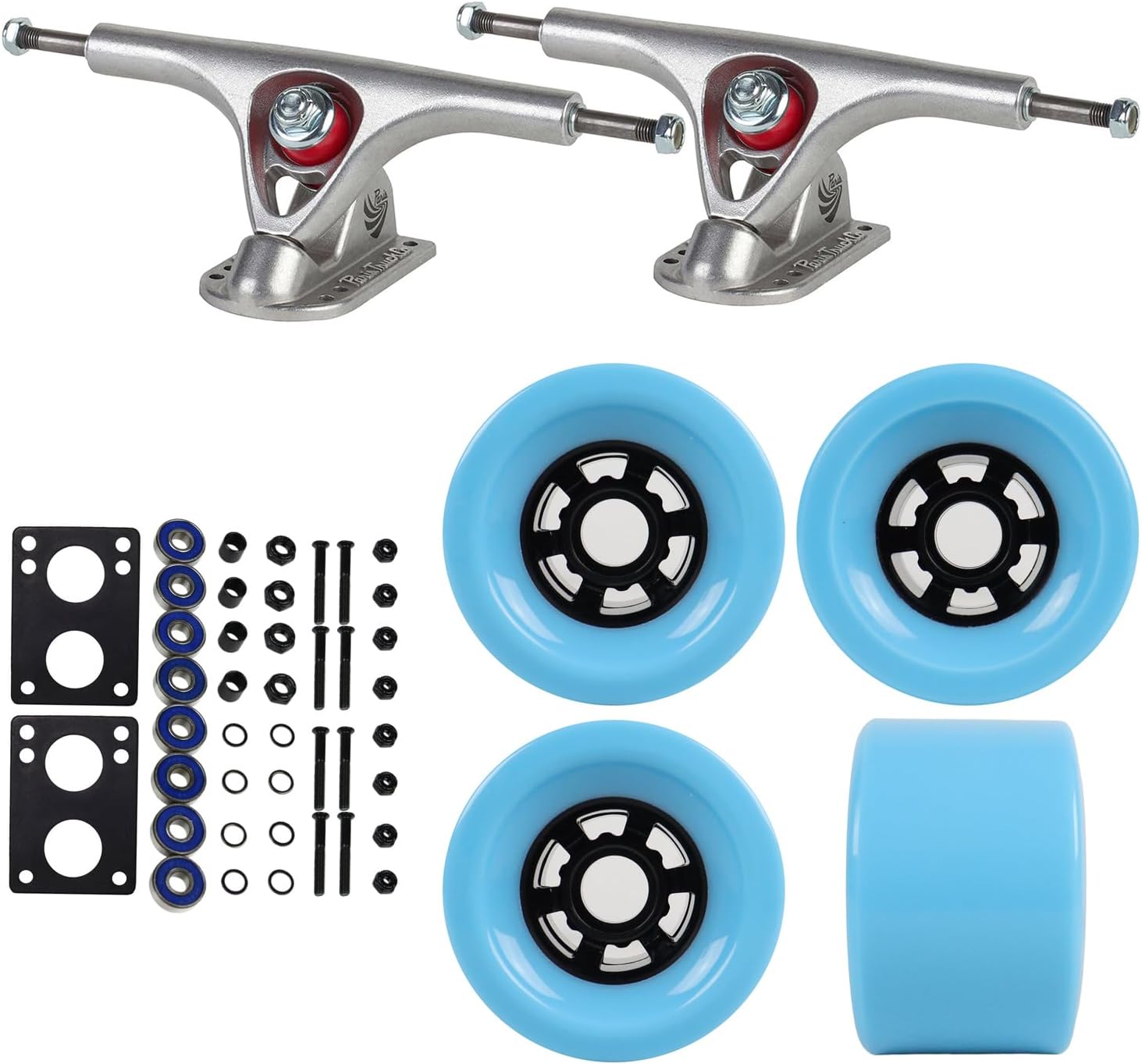 Paris Longboard Trucks with Extra Large Wheels, ABEC 7 Bearings, Hardware, and Risers