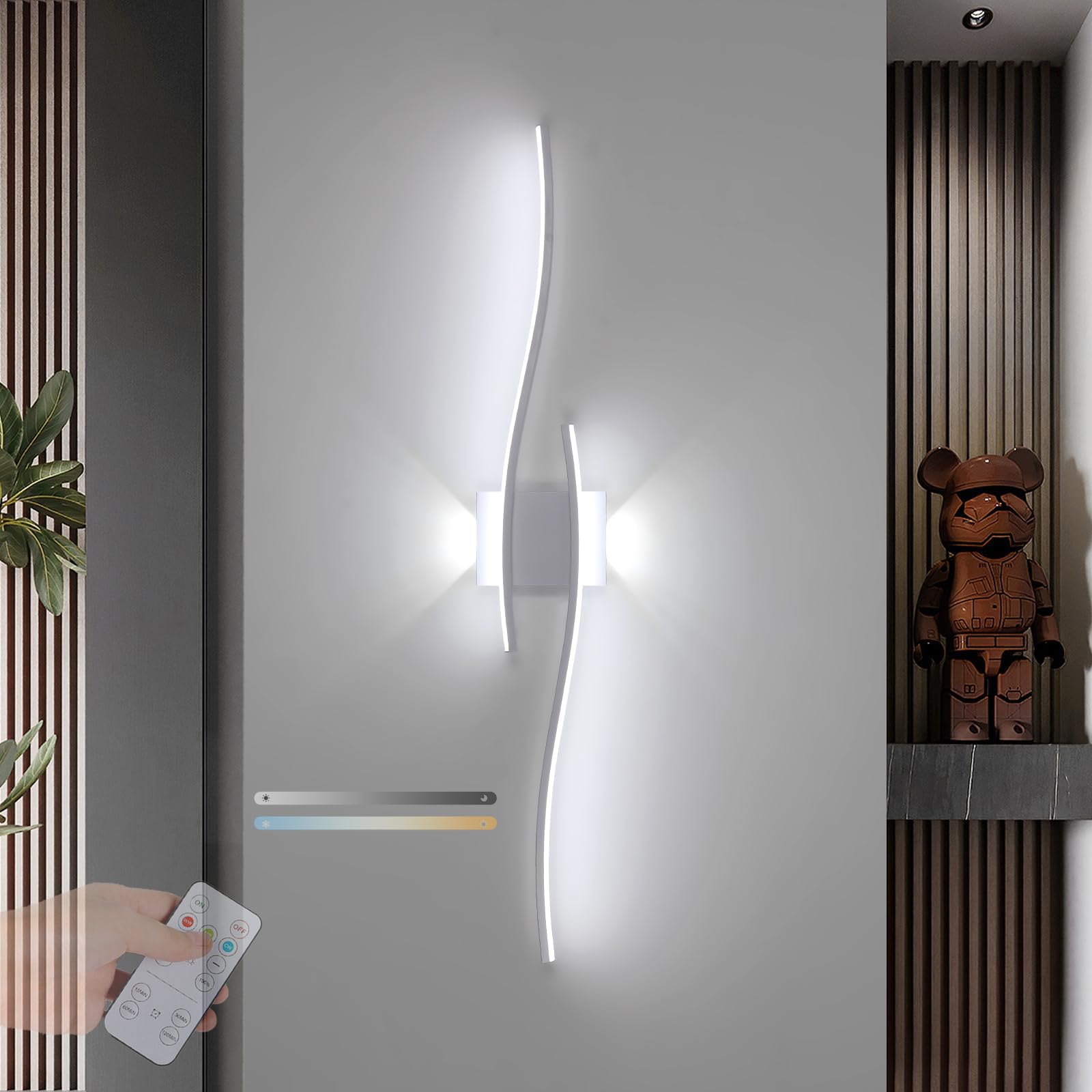 LED Wall Lamp Dimmable with Remote Control Wall Sconces Indoor 3 Colors 2700K-6500K Wall Lights Modern Curved Wave Brightness 10%-100% Wall Lighting Acrylic Design for Bedroom Hallway (White,60cm)