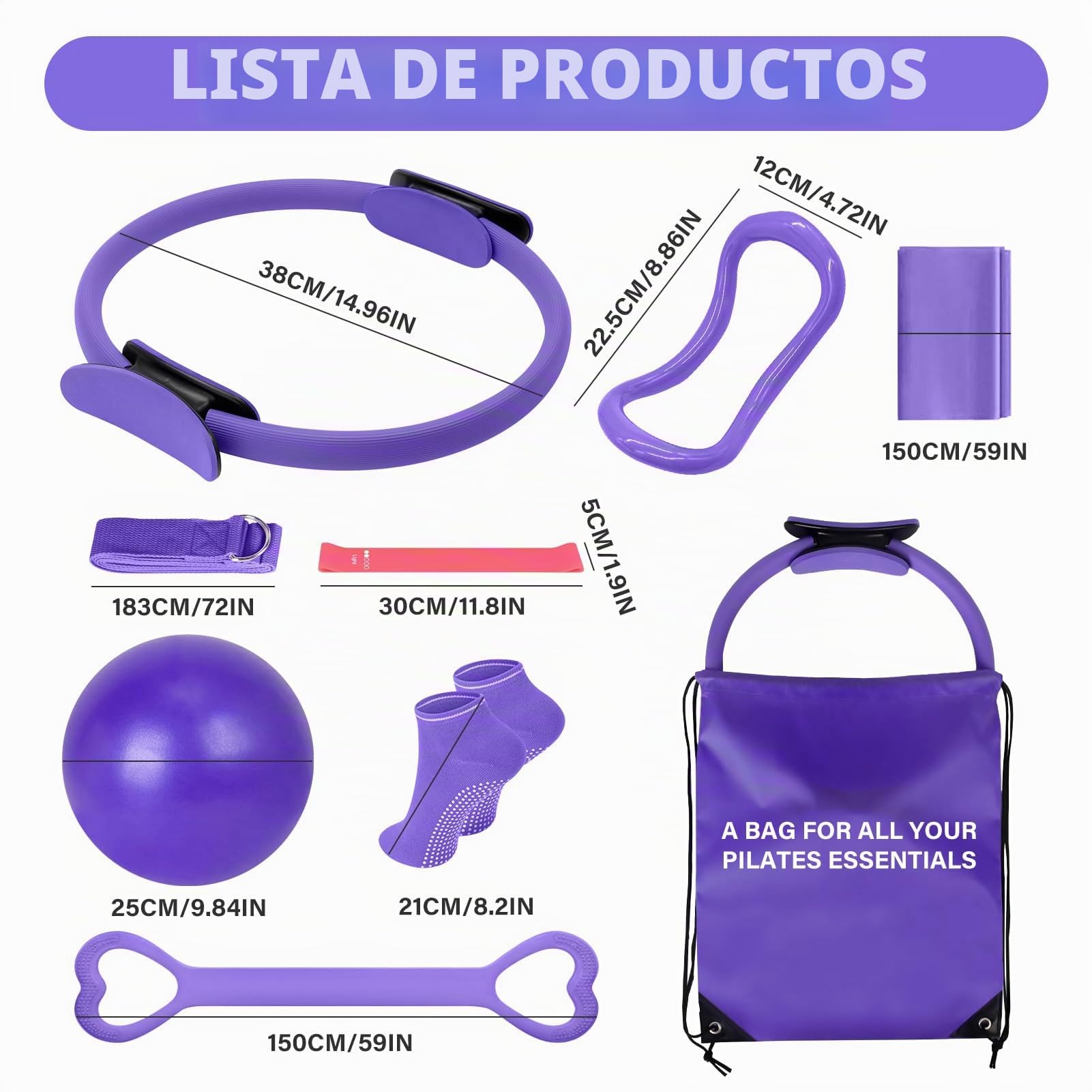 Juego de 13 piezas de pilates para mujer: anillo de yoga con círculo mágico para entrenar glúteos, pelota de pilates, calcetines antideslizantes y bolsa de gimnasio, juego de regalo esencial