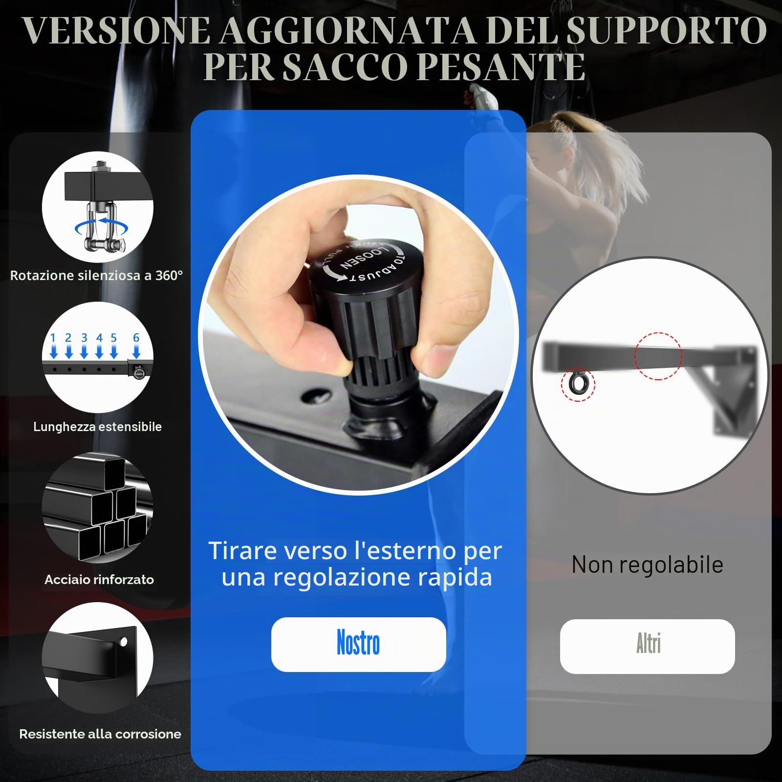 BaiYuan Gancio per Sacco, Supporto da Parete per Sacco da Boxe, Staffa da Parete Regolabile per Sacco da Boxe, per casa o Palestra, per Sacco da Kickboxing, Muay Thai, ECC. (Supporta Fino a 363 kg)
