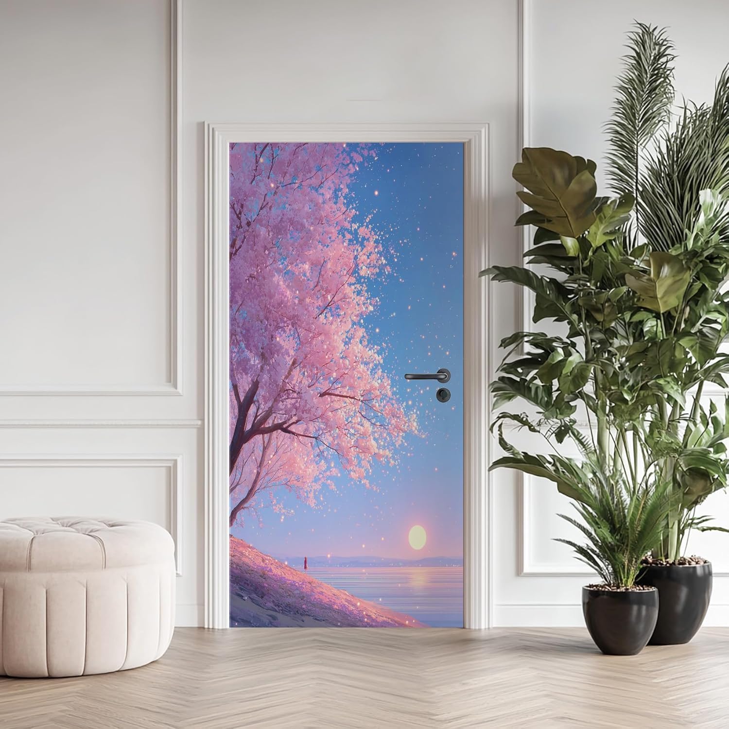 Sticker Porte Fleurs de Cerisier, Stickers Porte Trompe L'oeil Fleurs de Cerisier Autocollant Poster Auto-Adhésif Art Décor Pour Chambre Salon Salle de Bain Papier Peint 95x215 cm 4939n