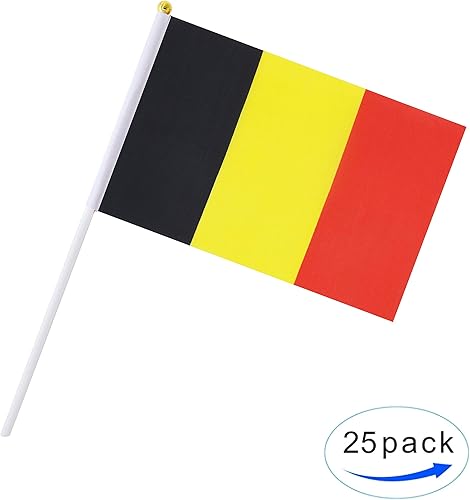 Miniatura 4 de Paquete de 25 banderas pequeñas de mano de bandera belga, bandera de Bélgica, bandera de palo, bandera redonda de país, suministros de decoración de