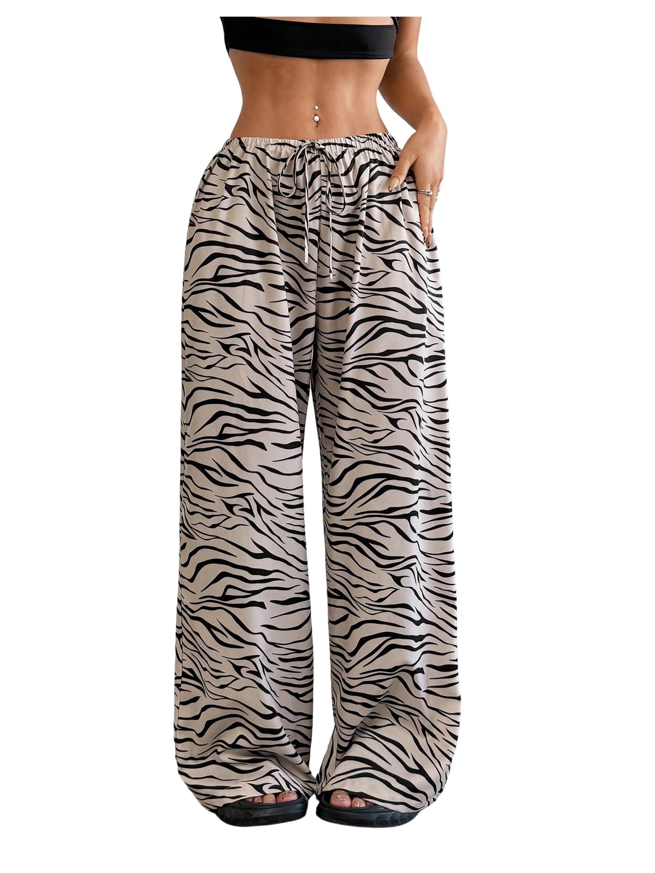 SweatyRocks Womens Loose Wide Leg Pants Zebra Striped Low Waist Y2K Palazzo Trousers