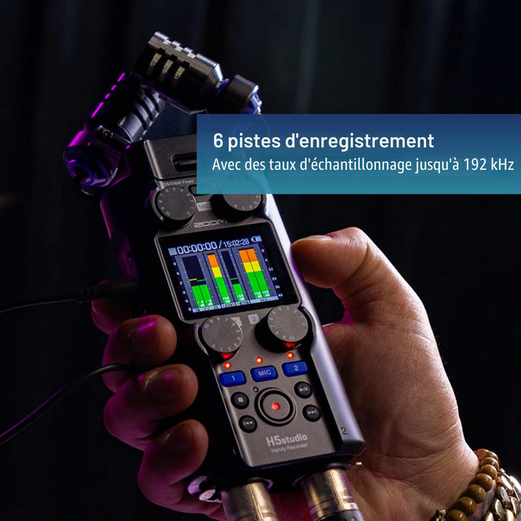 Zoom - H5Studio enregistreur 4 pistes 32 bits à virgule flottante 192 kHz - 16/24 bits, gain, limiteurs, capsule XYH-5e, compatible capsule SSH-6e et EXH-6e, interface audio Mac, Pc, iOS, Android