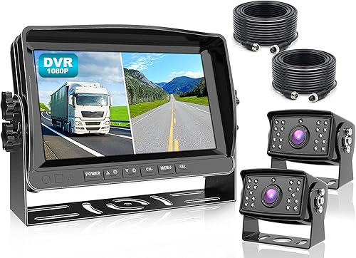 Fookoo Ⅱ HD 1080P 9" Wired Backup Camera System, 9-inch DVR Dual Split Screen Monitor, IP69 Waterproof Rear View Camera for Truck/Trailer/Box