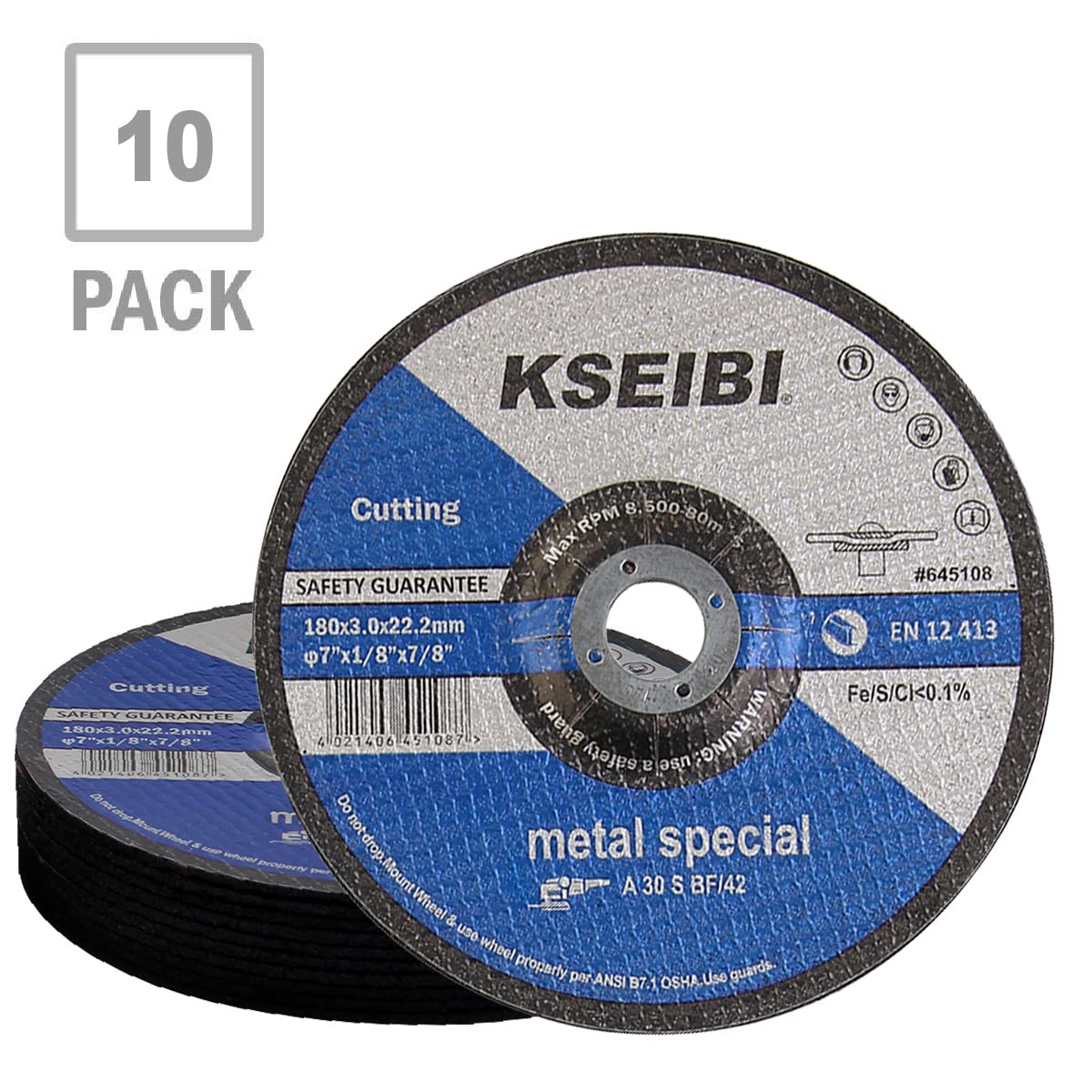 KSEIBI 645108 Rueda de corte y molienda de metal de 7 pulgadas por 1/8 pulgadas, disco deprimido de corte central recortado, 7/8 pulgadas, paquete de 10