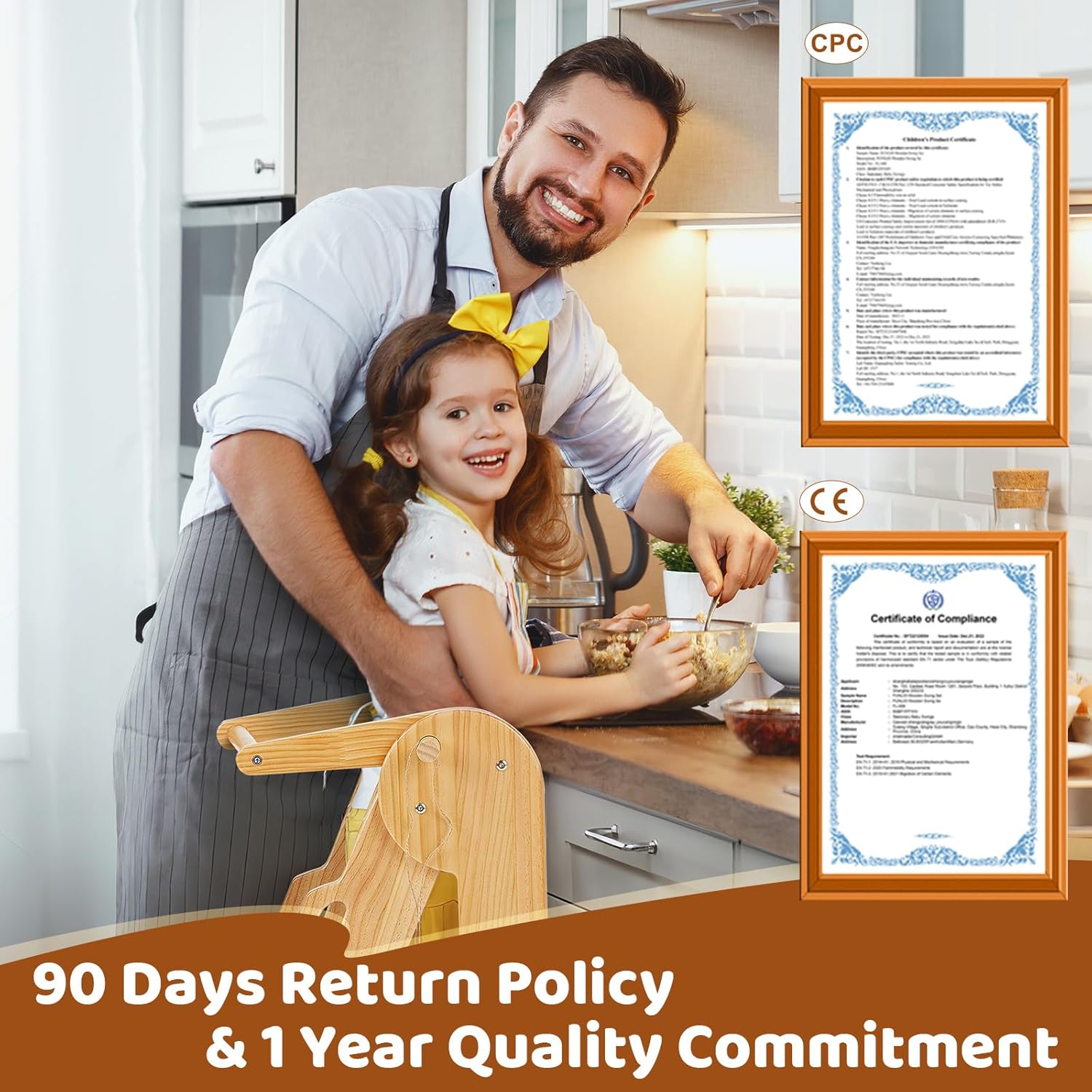 Father and child cooking together, with CPC and CE certification documents displayed, and text indicating 90-day return policy and 1-year quality commitment