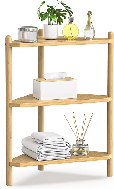 Wisuce 3 Tier Corner Shelf, 100% Real Bamboo Shower Corner Shelves Free Stand Storage Shelf, Small Corner Shelf Countertop Organizer Rack, Corner Table Bookshelf for Bathroom Kitchen Living Room