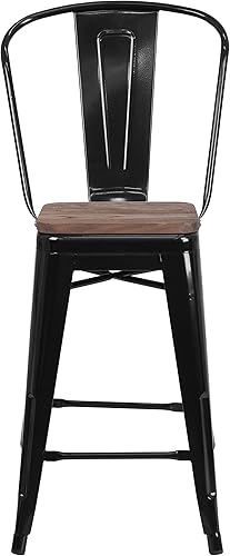 Miniatura 8 de Merrick Lane Amsterdam - Taburete de bar de metal negro de 24 pulgadas de alto con respaldo curvado de listones y asiento de madera texturizada