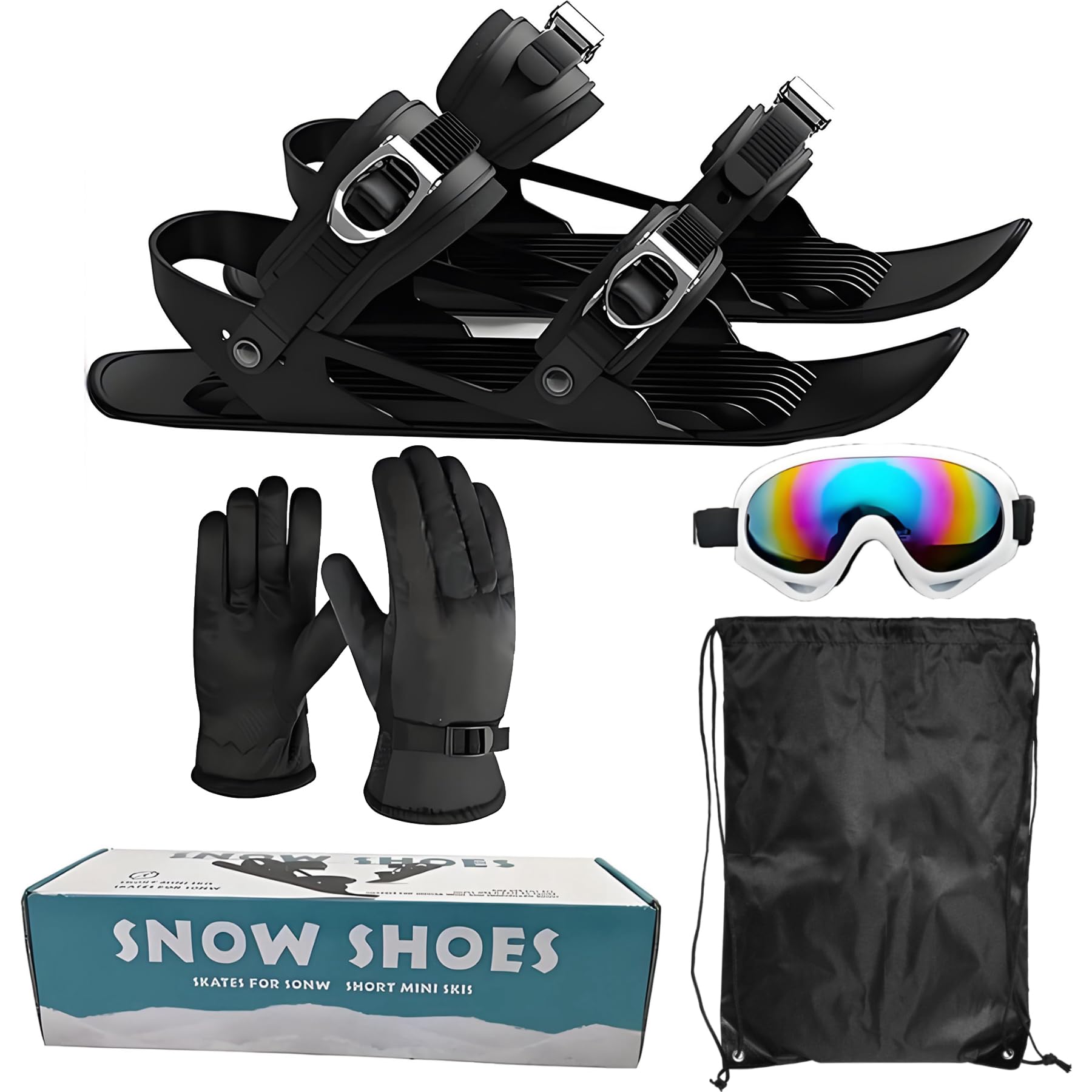 Snow Pro Mini Short Ski Skates Set - Adjustable Skates, Gloves, Goggles for Winter Sports