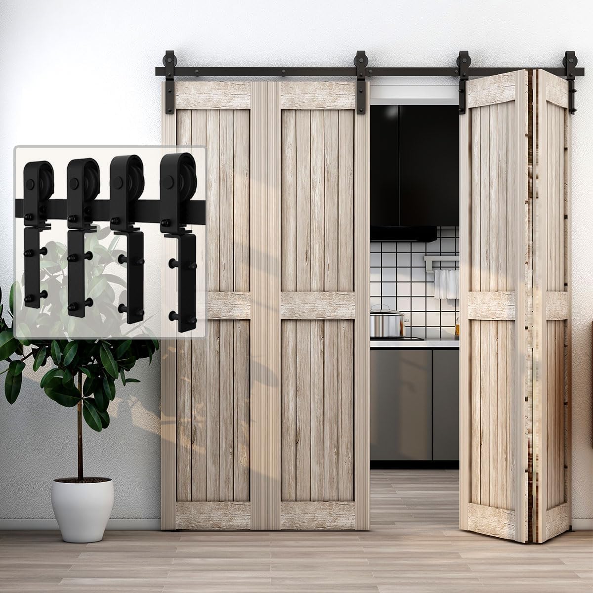 Kit De Herrajes Para Puerta De Granero Corredera - 9 Pies (274 Cm), Para Puerta Doble, Capacidad 150 Kg