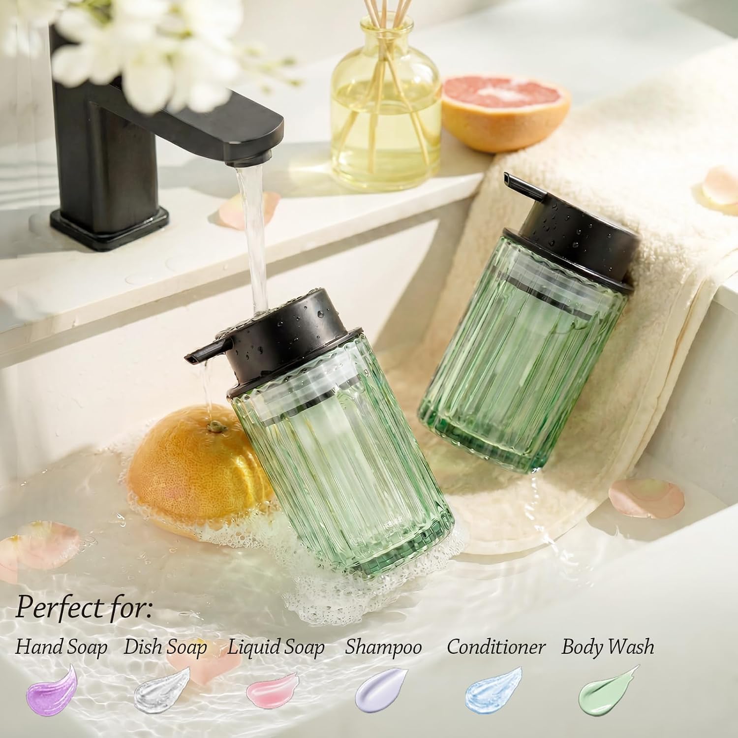 Foam Soap Dispenser, 8oz Green Glass Refillable with Black Pump, 1 Pack