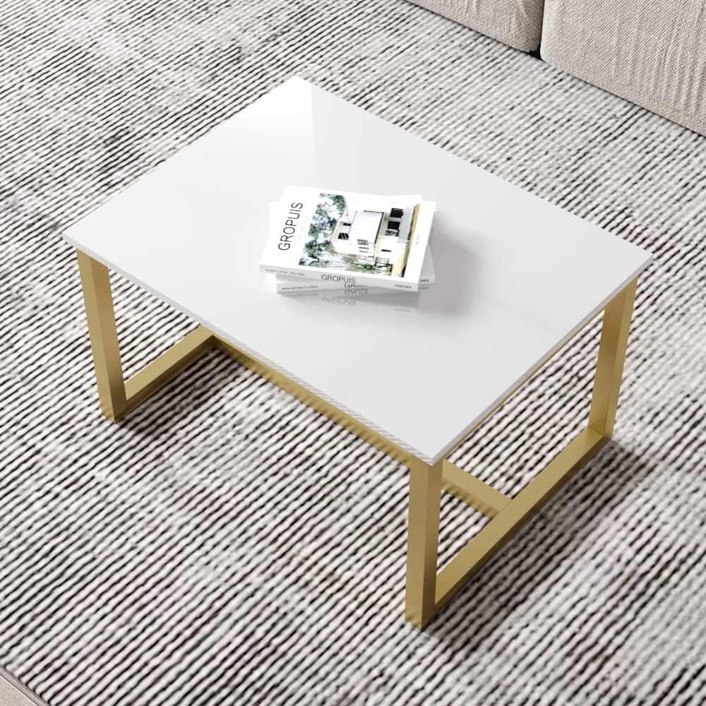 Meble Furniture Duza Coffee Table 31" — Modern Rectangular High Gloss Finish — Durable Engineered Wood, 31 x 15.7 x 15.7 inches — White/Gold