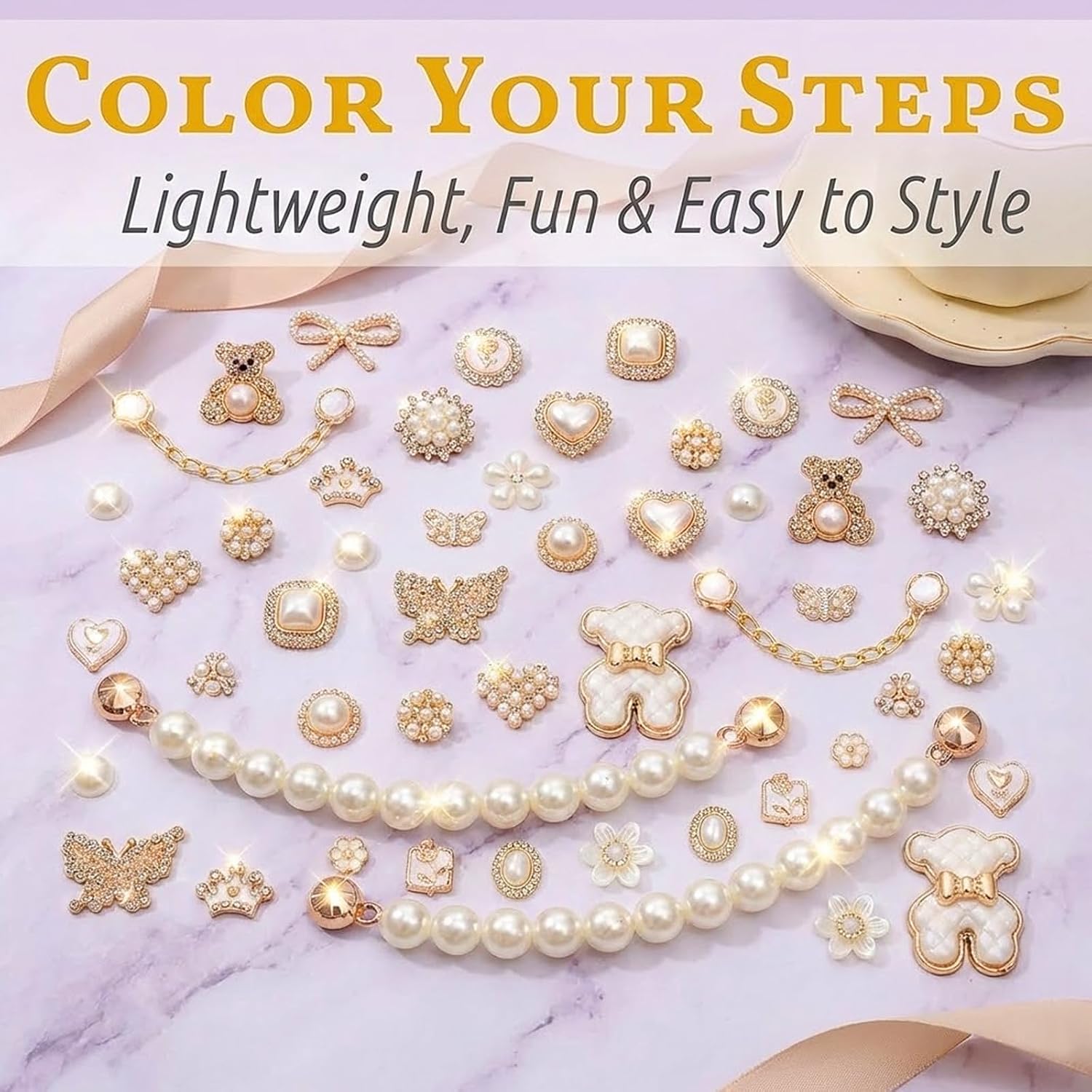 50 Pcs Shoe Charms Set Pearl, Butterfly, Bow,Flower & Chain Shoe Charm Decorations for Clogs Cute Shoes Charms Accessories for Women & Girls Gift