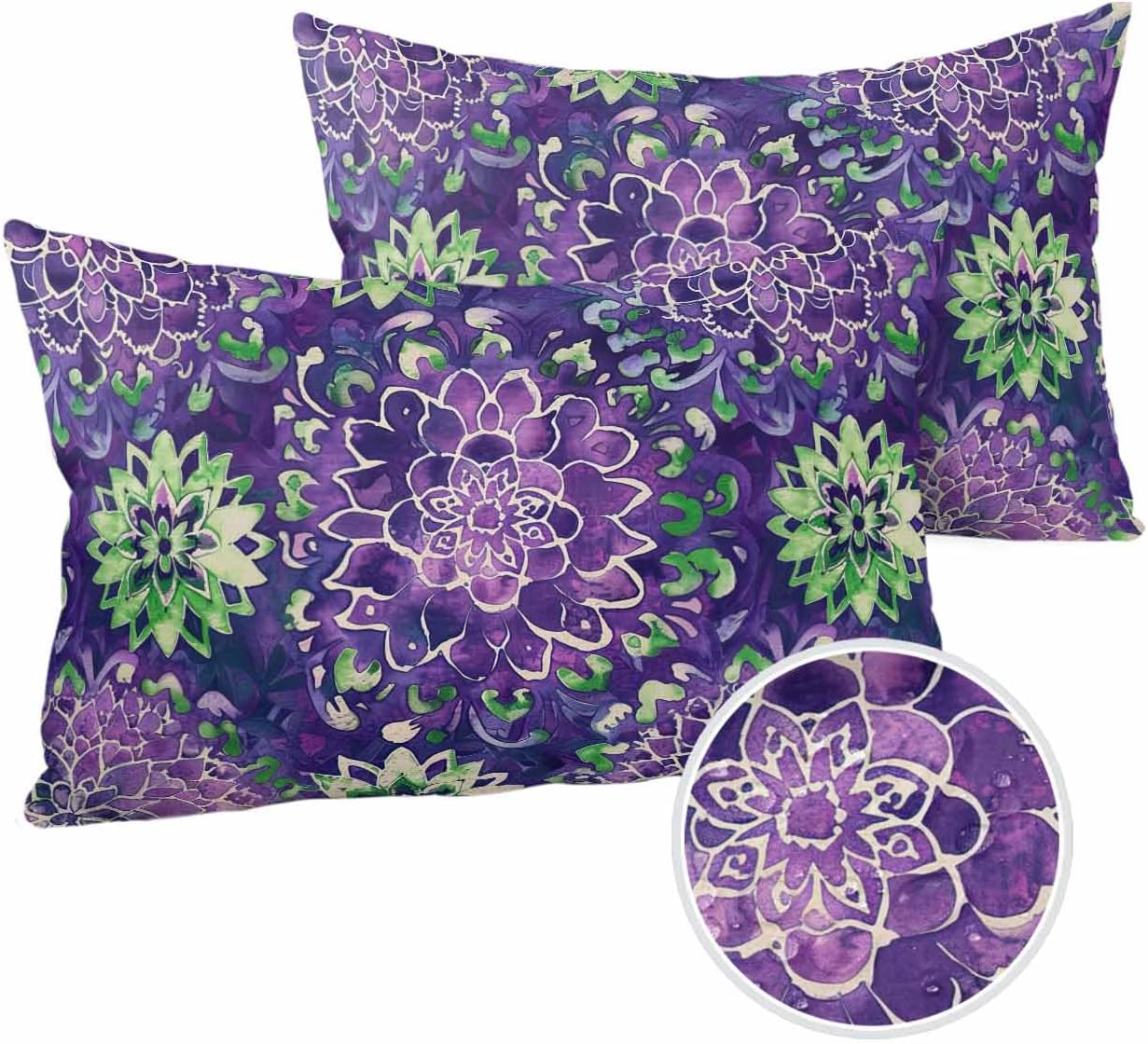 DecorLovee Purple Green Flowers Waterproof Outdoor Pillow Covers, Decorative Pillow Cases, Watercolor Vintage Botanical Square Garden Throw Cushion Cases for Patio/Sofa/Couch 24"x24" 2 Pack