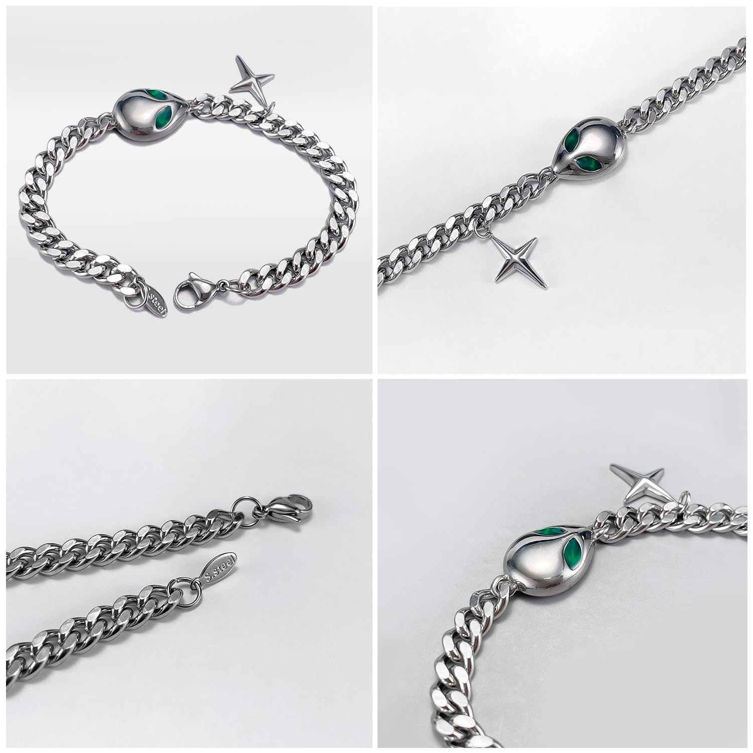 Pulsera de acero inoxidable con dije de cruz de alienígena, pulsera de cadena de eslabones cubanos para hombres y mujeres, con caja de regalo, Grande, Acero inoxidable, No es una piedra preciosa 5