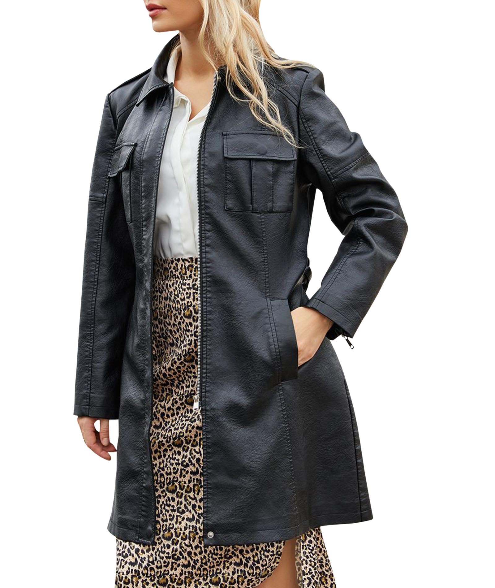 xxxiticat Damska średnia długość sztuczna skóra PU trencz płaszcz długie rękawy Zip Up Lapel długa kurtka Overcoat z paskiem