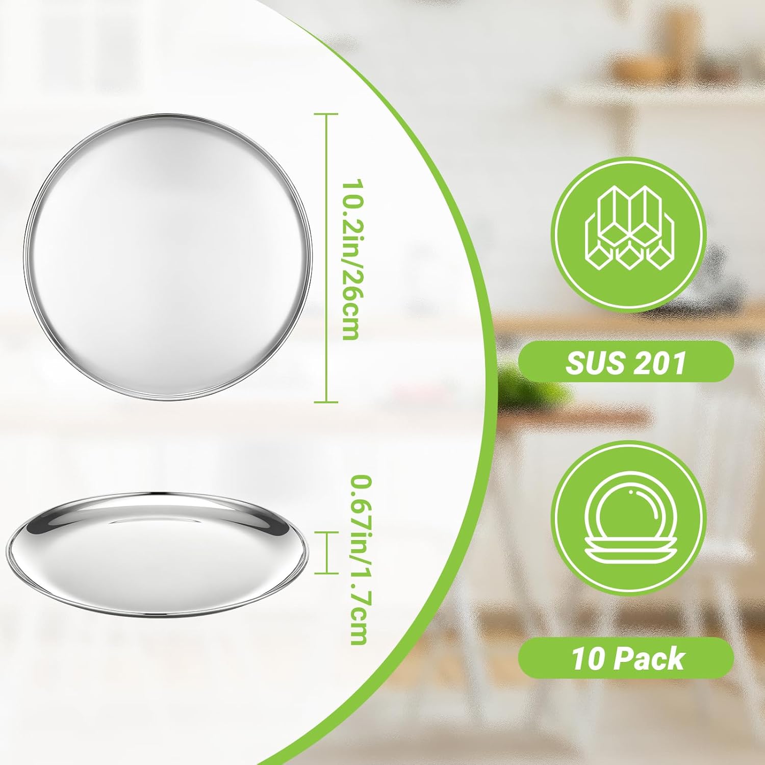 Metal Dinner Plate, 10 Pack 10.2 inch Large 201 Stainless Steel Plates, Reusable Salad Pizza Food Snack Serving Dishes Round Mirror Finish Shiny Shatterproof Silver Dinnerware Oven Safe