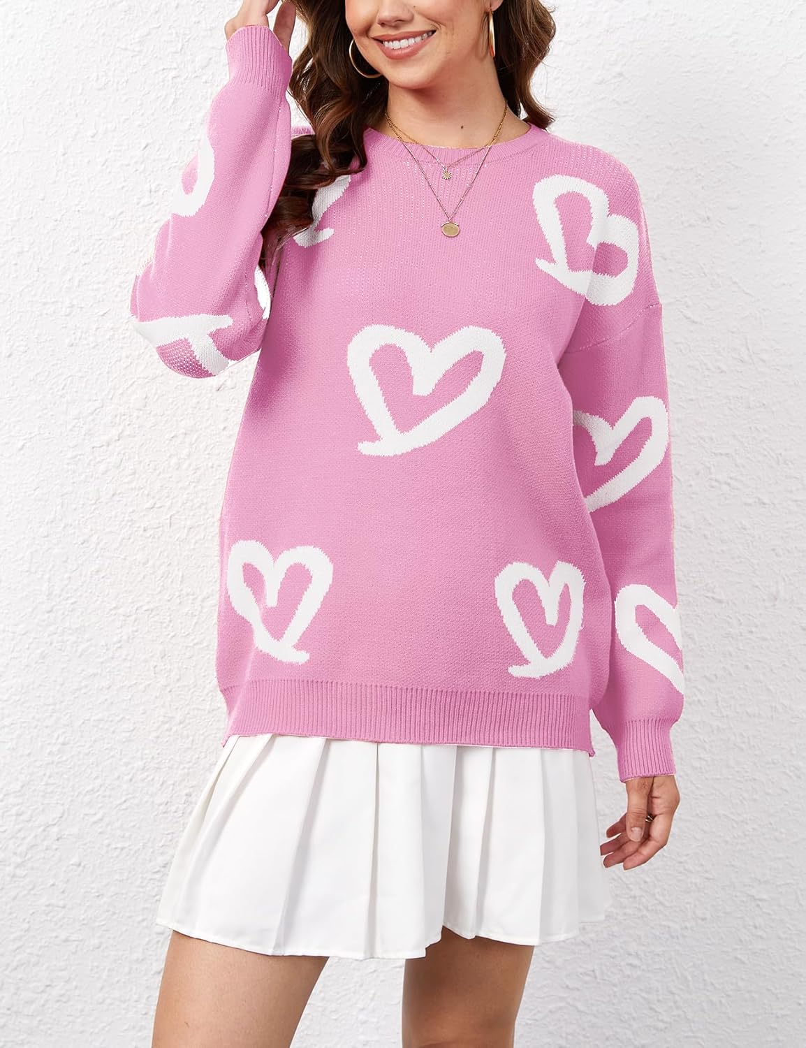 Wyeysyt Heart Sweater for Women Oversized Valentines Day Sweaters Crew Neck Knit Pullover Sweaters - Image 2