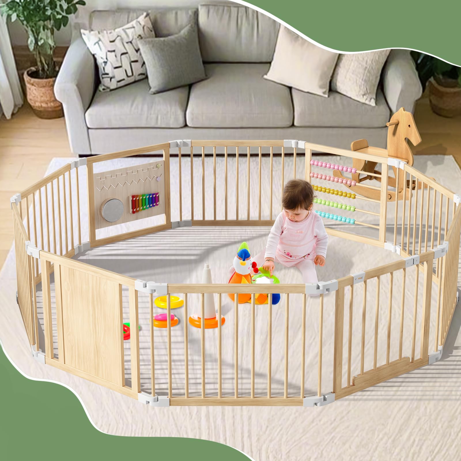 240x160x61cm Baby Laufgitter klappbar Laufstall Holz Kinder Activity Center mit Tür, musikalischem Spielzeug Krabbelgitter Verformbar Absperrgitter für Kinder (10 Paneele)