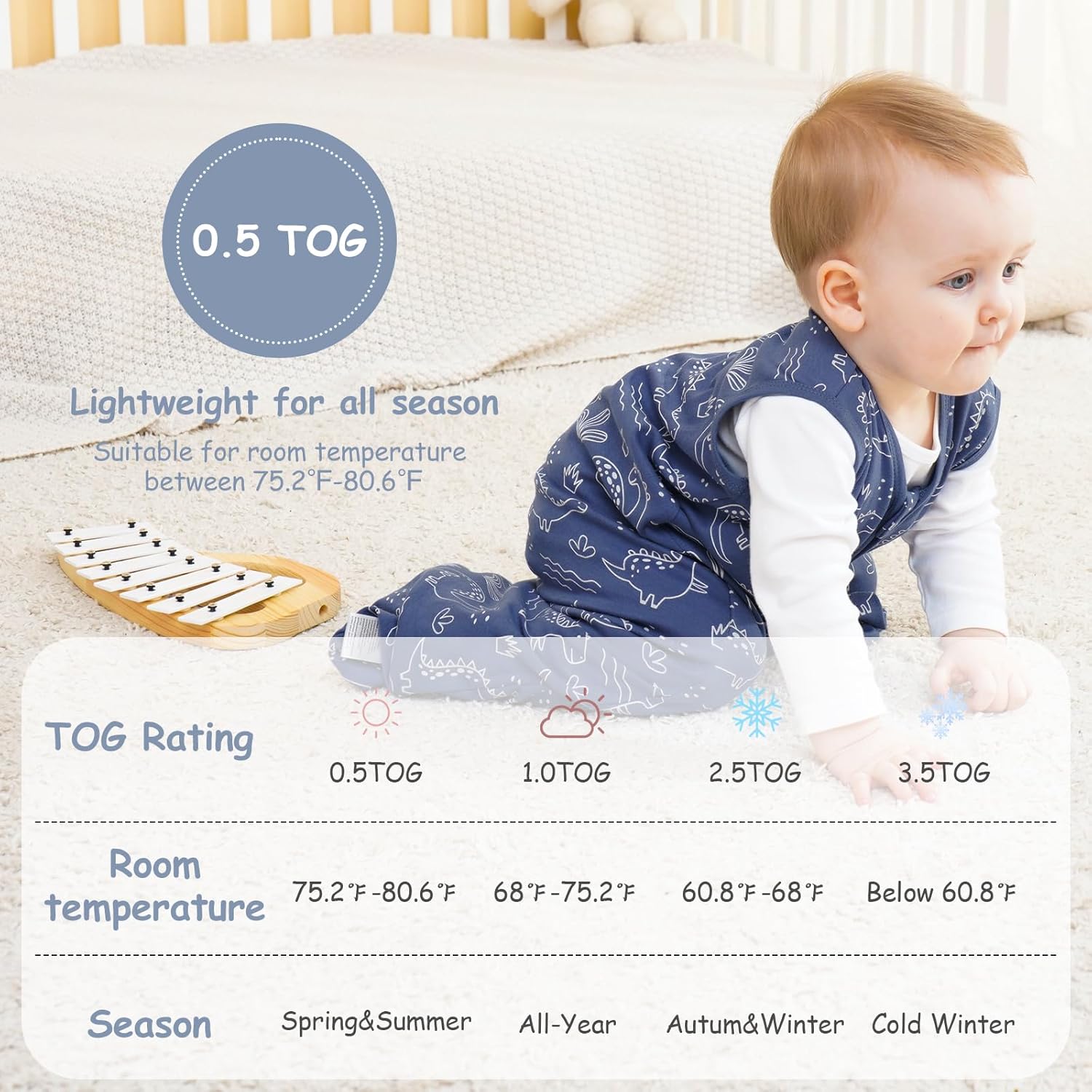 Looxii Baby Sleep Sack 0.5 TOG, 100% Cotton 3 Pack Wearable Blanket Baby Sleep Bag for Newborn Infant, 2-Way Zipper Lightweight Toddler Sleeping Sack 6-12 Months - Image 5