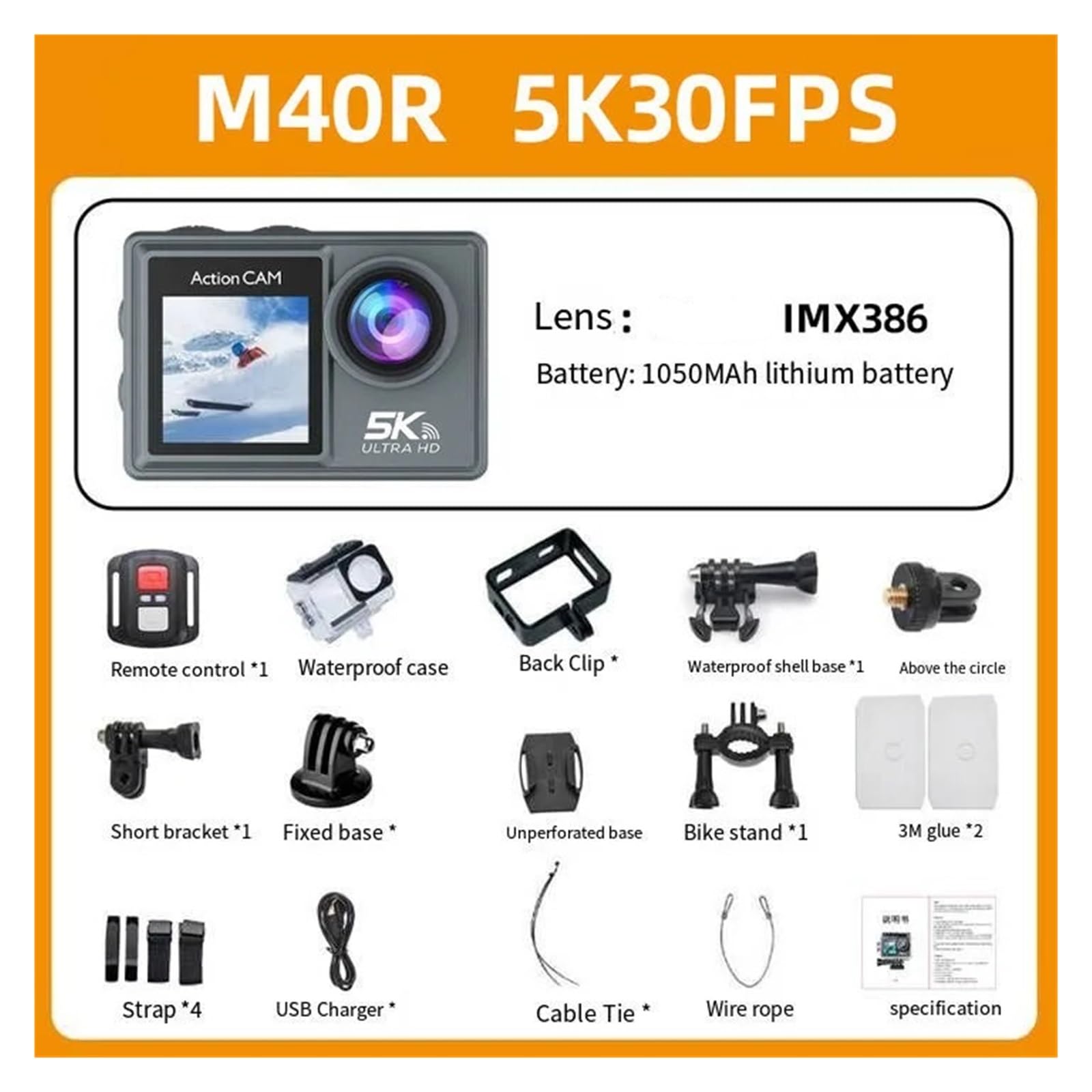 Action camera 5K Ultra HD con doppio schermo da 2.0 e 1.3 pollici, connessione WiFi for smartphone, for fotocamere casco